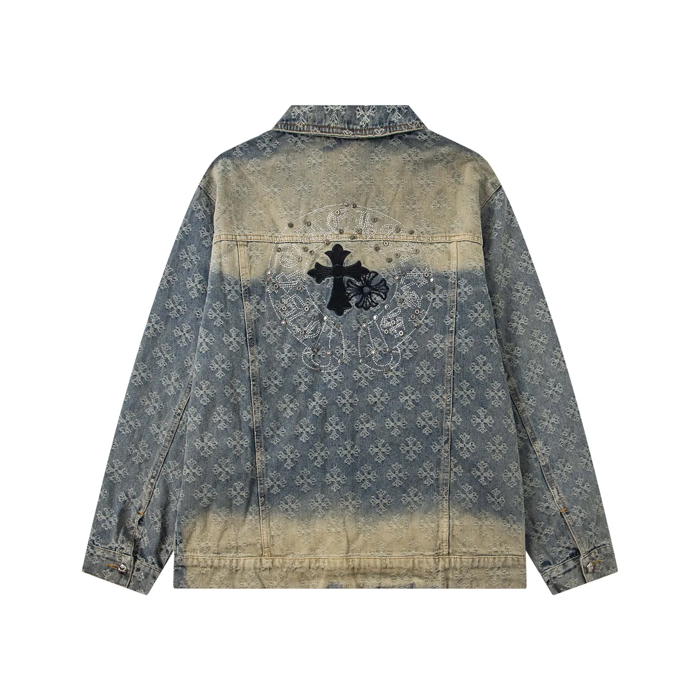 P340 Style No.: Y194 ChromeHearts heavy-duty steel-printed classic Sanskrit all-over jacquard hot-drilled denim jacket for men and women. New ChromeHearts Sanskrit printed custom fabric jacket. Gradient color wash, hot-drilled cross denim jacket on the back. A very heavy-duty one. The top is made of heavy weight. Presbyopia is suitable for early autumn outings. The denim fabric can be directly machine washed without deformation. Washing and distressing also give a sense of high-end. Power style wear, follow the photo and mirror. The gradient color is super high-end 💕 Each diamond shines with a unique light, as if telling a fashion story ✨ The steel-printed jacquard adds a three-dimensional and artistic sense, making this jacket instantly unique. Size:s m l xl